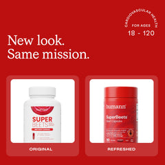 Humann SuperBeets beet root capsules pour; quick-release for easy daily intake.