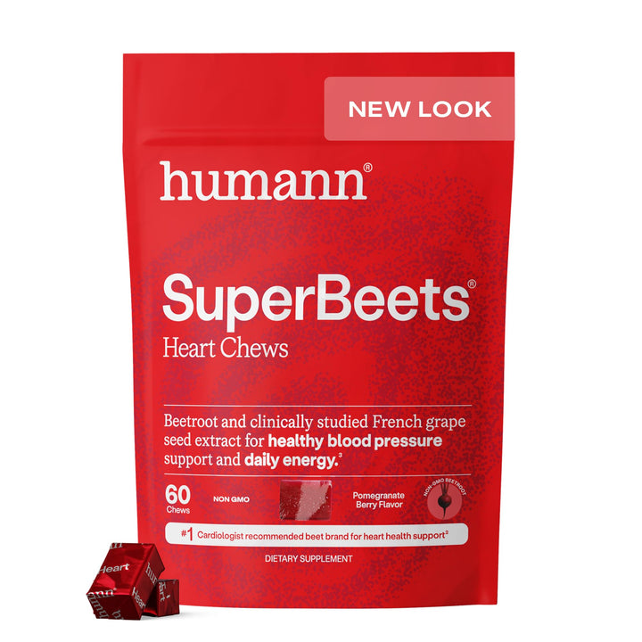 Humann SuperBeets heart chews bottle showing key ingredients for daily support