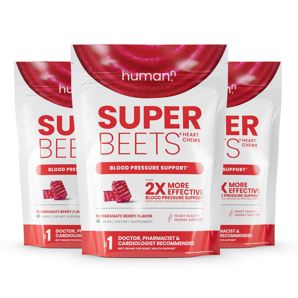 Humann SuperBeets Heart Chews front jar in pomegranate berry flavor for daily energy support