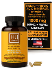 HUmineral Humic & Fulvic capsules bottle shown for detox and absorption support.