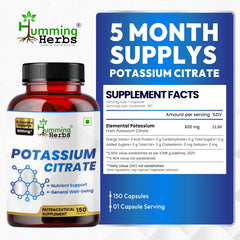 Humming Herbs Potassium Citrate capsules close-up emphasizes vegan, non-GMO formula.