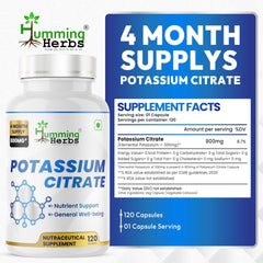 Humming Herbs potassium citrate label panel shows elemental potassium content for clarity