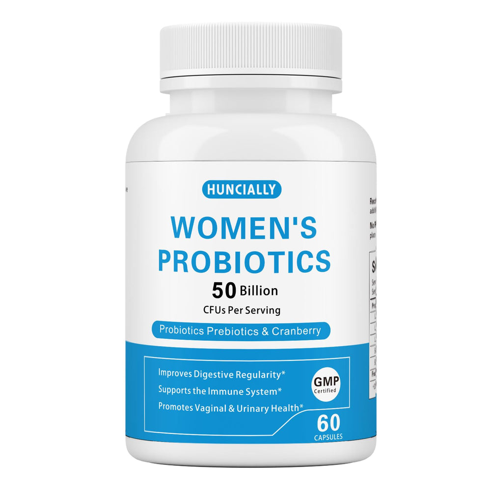 HUNCIALLY Women’s Probiotic capsules with 50B CFUs for digestive balance.