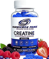 Hurricane Force Creatine Gummies mixed berry bottle shows a mess-free daily supplement.