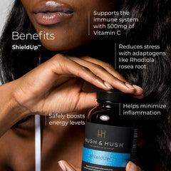 Hush & Hush ShieldUp vitamin C and matcha visuals signaling immune support benefits.