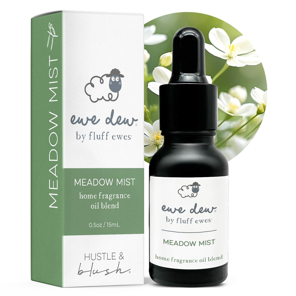 Hustle & Blush Meadow Mist dryer ball oil for lasting laundry fragrance.