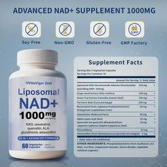 HVibeVigor Zest NAD+ advanced formula bottle label highlights premium ingredients.
