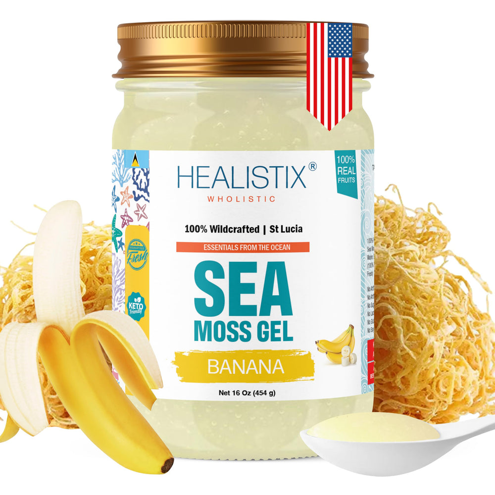 HX HEALISTIX Banana Sea Moss Gel bottle front view, ideal for adding to smoothies.