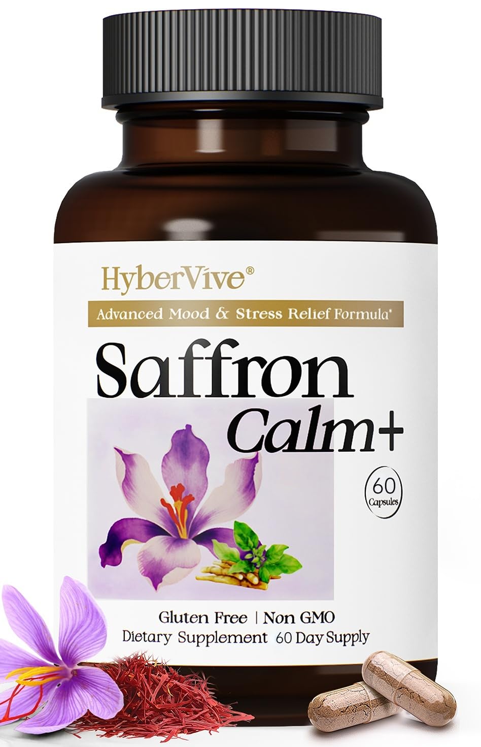 HyberVive saffron bottle with capsules for mood balance and calm energy.