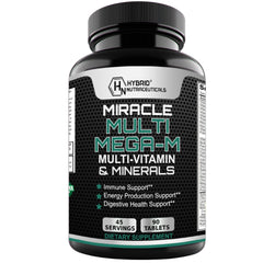 Hybrid Nutraceuticals MEGA-M multivitamin bottle showing daily energy and immunity support