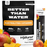 Hyburst Better Than Electrolyte peach mango powder being poured into a glass for refreshed hydration