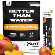 Hyburst Better Than Electrolyte peach mango powder being poured into a glass for refreshed hydration