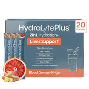 Hydralyte Liver Support blood orange ginger packets ready to mix for hydration.