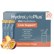 Hydralyte Liver Support peach-passion-ginger packets for quick hydration and daily energy.