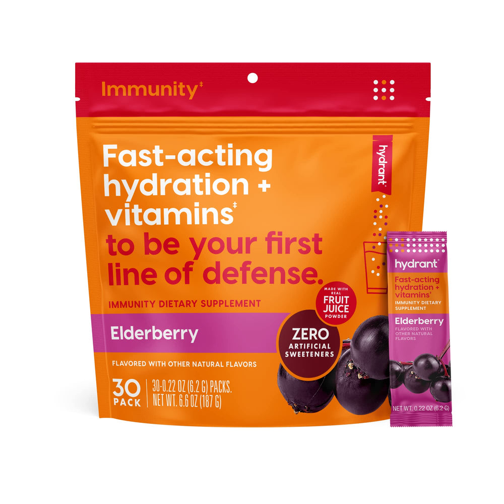 HYDRANT Immunity electrolyte stick pack with elderberry flavor for on-the-go hydration.