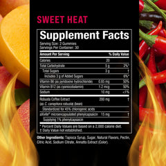 Close-up of Hydroxycut gummies showing Sweet Heat flavor and warming aXivite sensation.