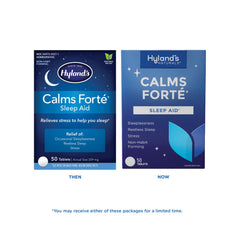 Hyland's Calms Forte bottle close-up highlighting easy-to-swallow tablets for natural relief.