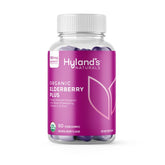 Hyland's Organic Elderberry Plus Gummies bottle-front shows vegan immune support in a berry flavor.