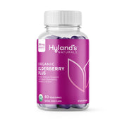Hyland's Organic Elderberry Plus Gummies bottle-front shows vegan immune support in a berry flavor.