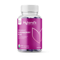 Hyland's Organic Elderberry Plus Gummies bottle-front shows vegan immune support in a berry flavor.