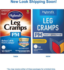 Hyland's Leg Cramps PM packaging box showing six-bottle set.