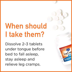 Close-up of Hyland's Leg Cramps PM tablets for nighttime use.