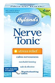 Hyland's Nerve Tonic quick-dissolve tablets bottle shown; supports stress relief and calm focus.