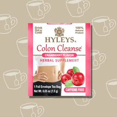 Hyleys Colon Cleanse Cranberry packaging close-up highlights caffeine-free option
