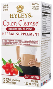 Hyleys Colon Cleanse Tea Goji Berry packaging displaying the product and gut health focus.