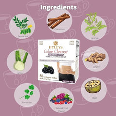 Hyleys Colon Cleanse Tea packaging back describing caffeine-free benefits.