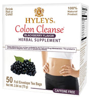 Hyleys Colon Cleanse Tea packaging front emphasizing digestive support.