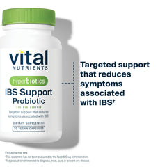 Hyperbiotics Vital Nutrients IBS Probiotic box showing vegan, clinically studied formula.