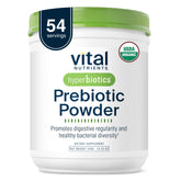 Hyperbiotics Vital Nutrients prebiotic powder tub with organic fiber blend for gut balance.
