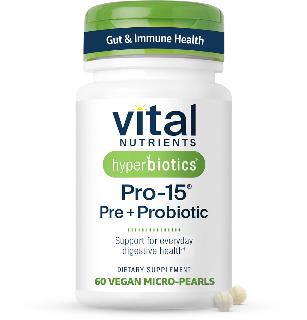 Hyperbiotics Vital Nutrients Pro-15 bottle with time-release pearls for daily gut support.