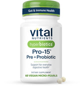 Hyperbiotics Vital Nutrients Pro-15 bottle with time-release pearls for daily gut support.