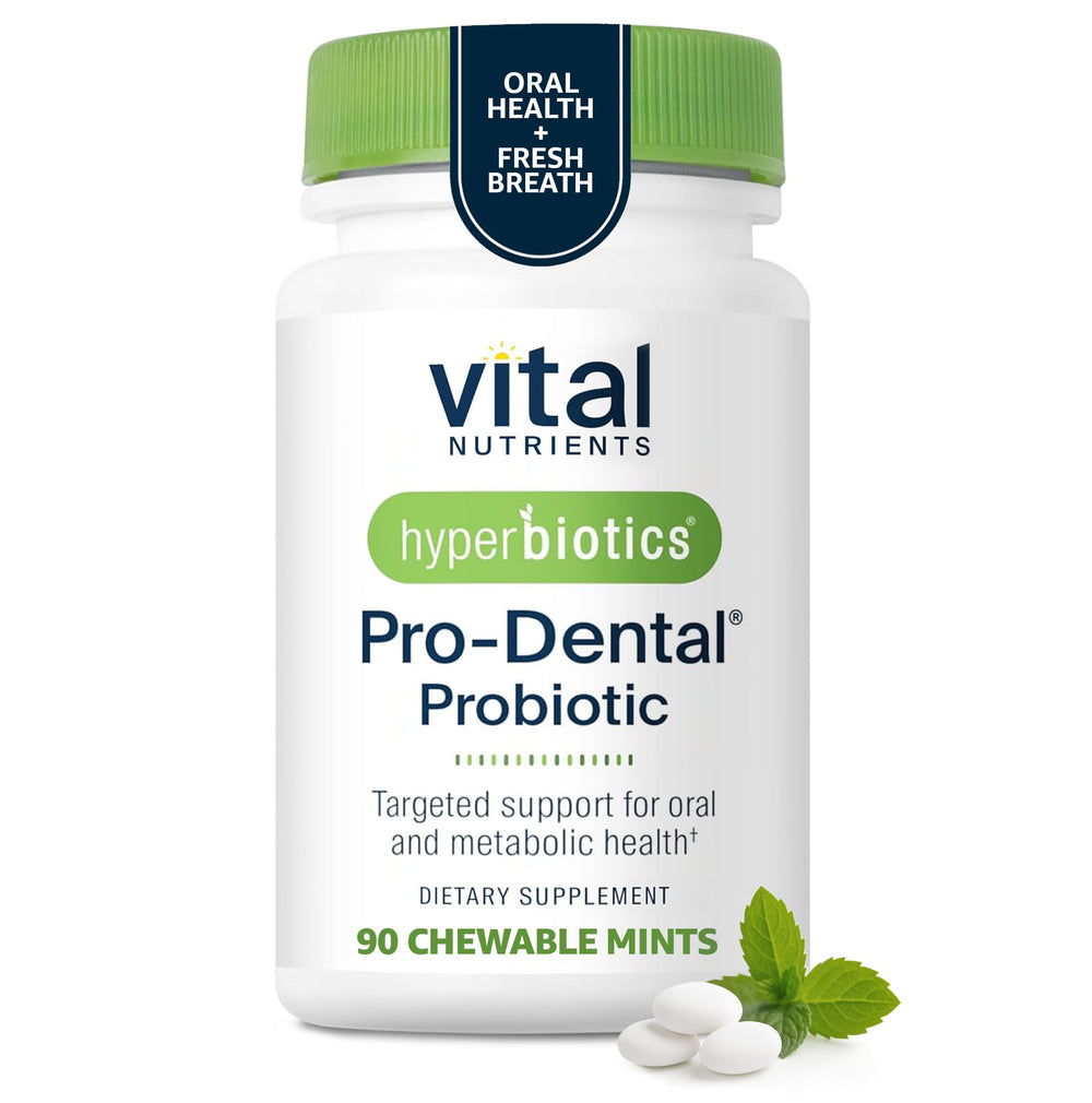 Hyperbiotics Vital Nutrients Pro Dental bottle with mint chews for fresh breath