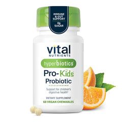 Hyperbiotics Vital Nutrients Pro Kids orange-flavor chewable supports daily gut health.