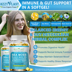 HZZYPLANT Black Seed Oil Ashwagandha bottle highlights immune-support and calm energy.