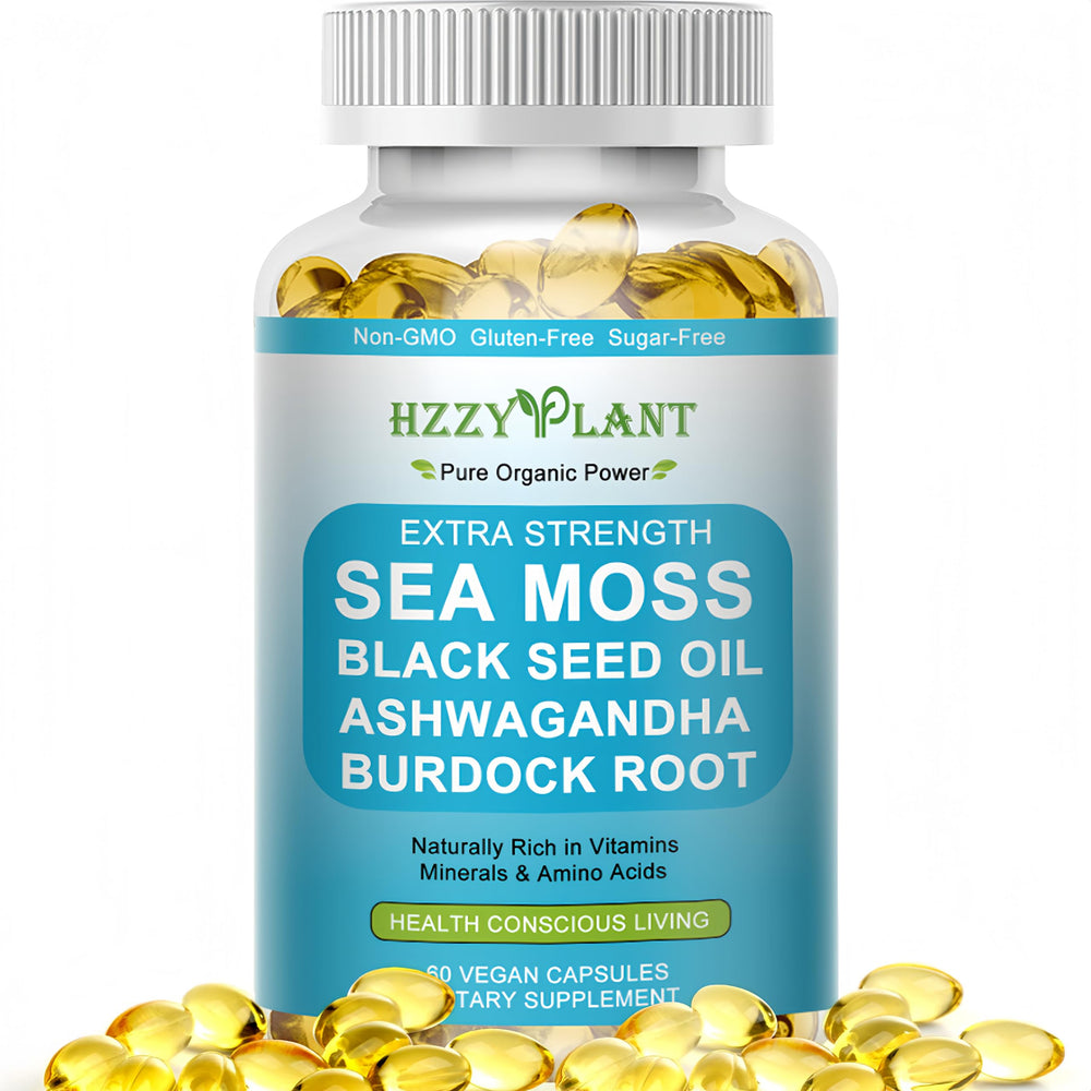 HZZYPLANT Sea Moss Softgels bottle offers convenient daily wellness support.