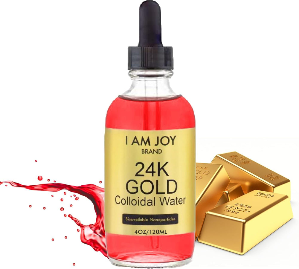 I Am Joy co. liquid gold bottle pour showing 24K gold for a luxurious ritual.