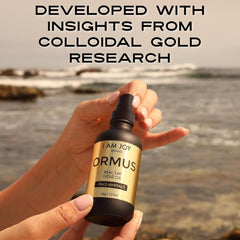 I Am Joy Co Ormus Gold Oil label detail emphasizing purity and premium ingredients