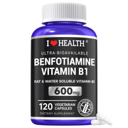 I Love Health benfotiamine 600mg bottle showcases premium fat-soluble thiamine for daily energy support.