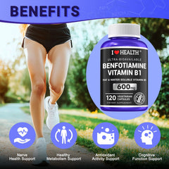 I Love Health benfotiamine 600mg packaging emphasizes convenient daily wellness routine.