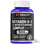 I LOVE HEALTH Vitamin B1 with Benfotiamine bottle shows 120-count supply for daily energy.