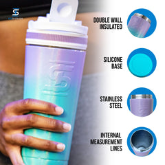 Close-up of twist-on agitator showing smooth mixing for lump-free shakes.