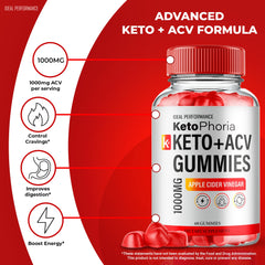 IDEAL PERFORMANCE Ketophoria ACV Gummies label emphasizes all-natural keto-friendly formula.