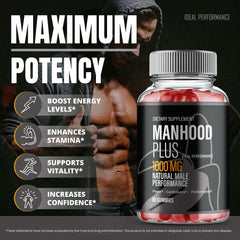 IDEAL PERFORMANCE Manhood Plus Gummies packaging with bold branding and usage details.