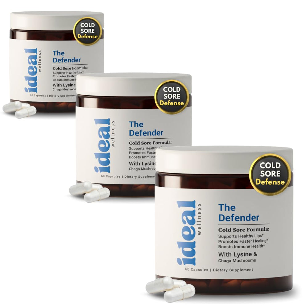 Ideal Wellness Cold Sore Defense bottle on shelf, convenient 3-pack option for daily immune support.