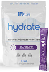 IDLife Grape Hydrate powder tub shown, quick-dissolving hydration for daily workouts.