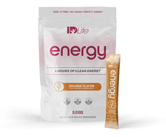 IDLife Orange energy drink powder serving packet for on-the-go focus.
